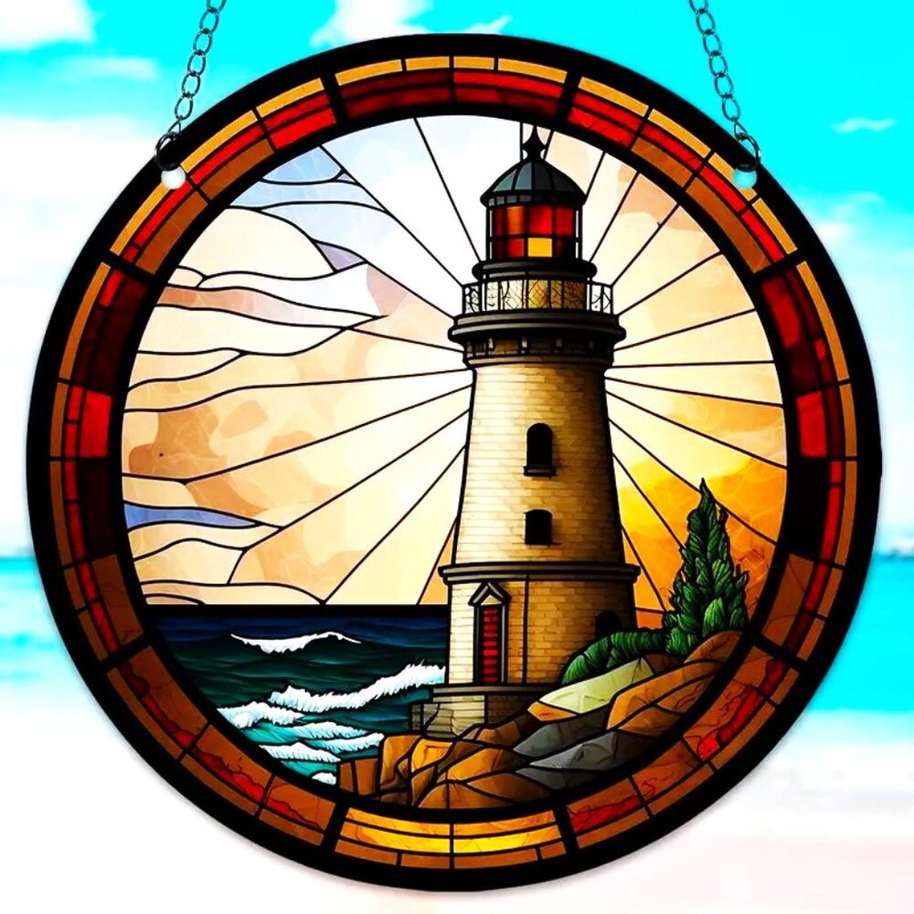 Lighthouse Suncatcher Ocean Sea Sunset Coast Colorful Hanging Chain In/Outdoor